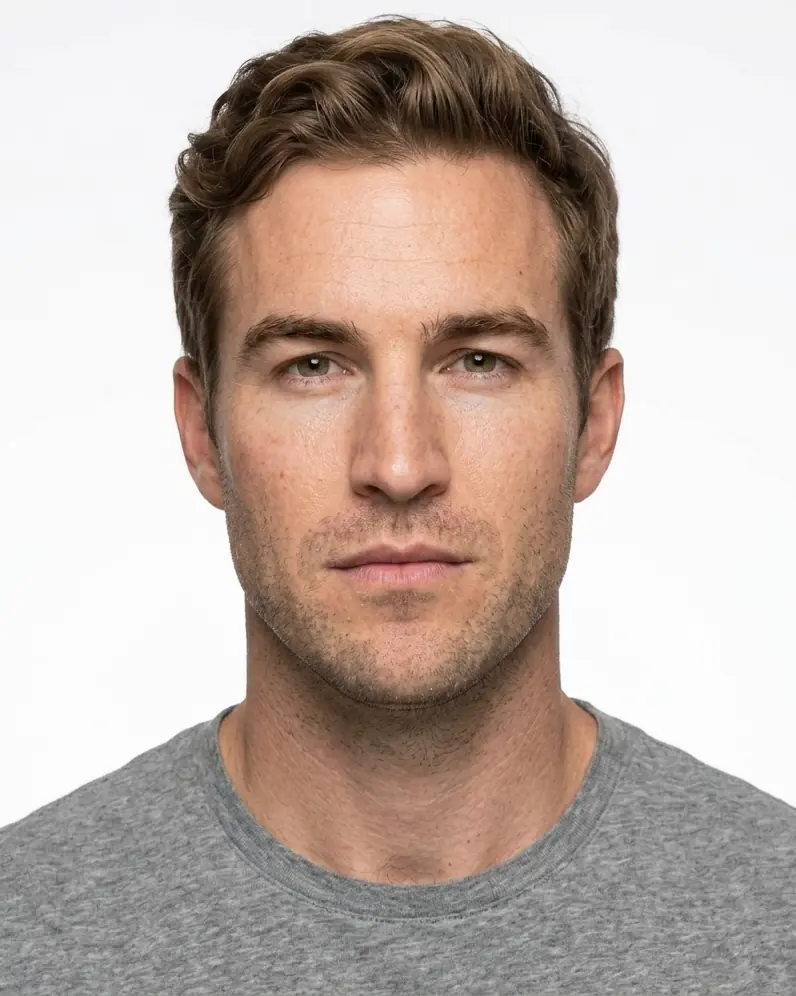 After: the same man in an ID photo on a white background.
