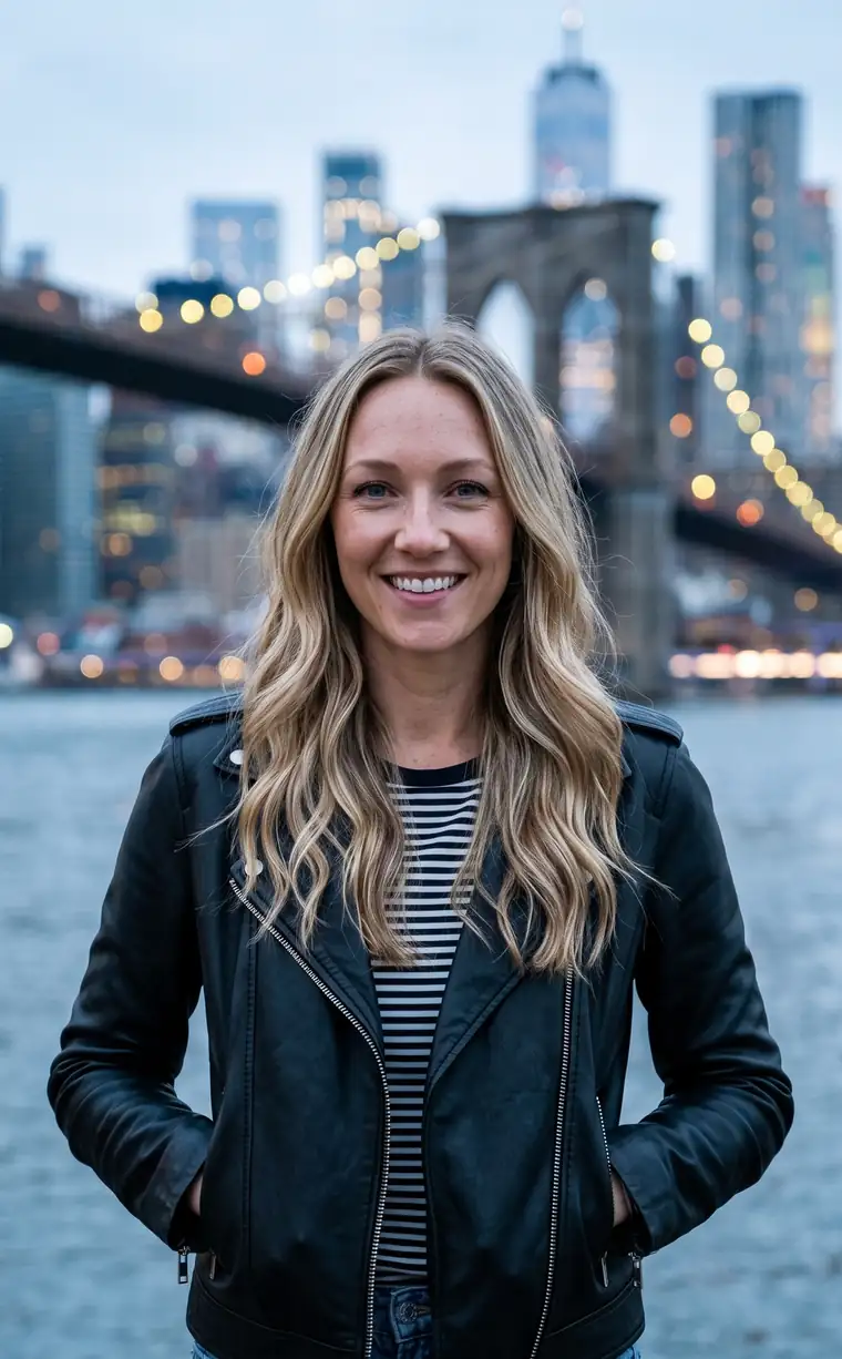 A woman with long wavy blonde hair at blue hour, with the Brooklyn Bridge and Manhattan behind her. A sample portrait made with VibeX.