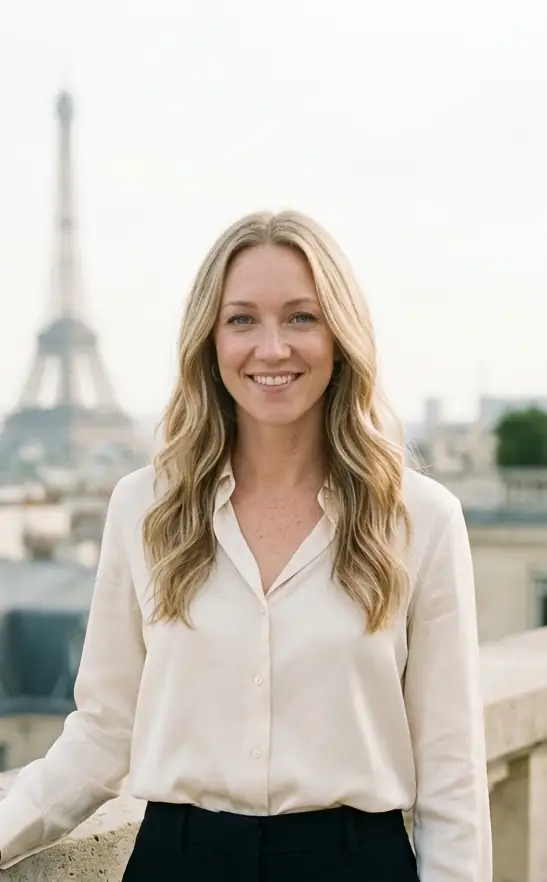 The same woman on a Paris terrace, with the Eiffel Tower behind her.