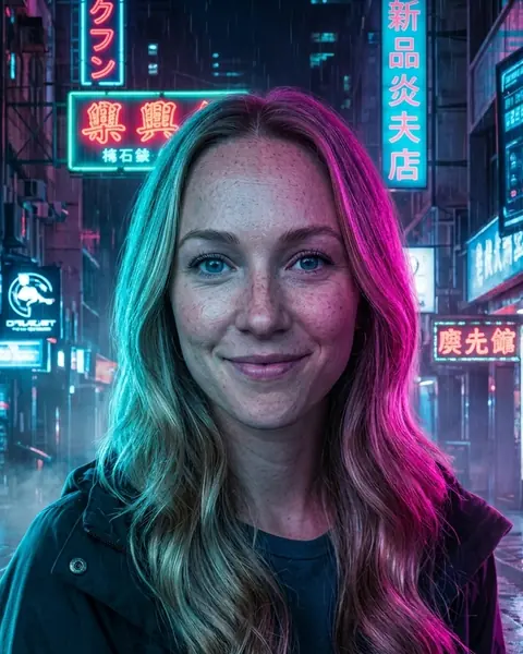 The same woman on a rainy, neon-lit street.