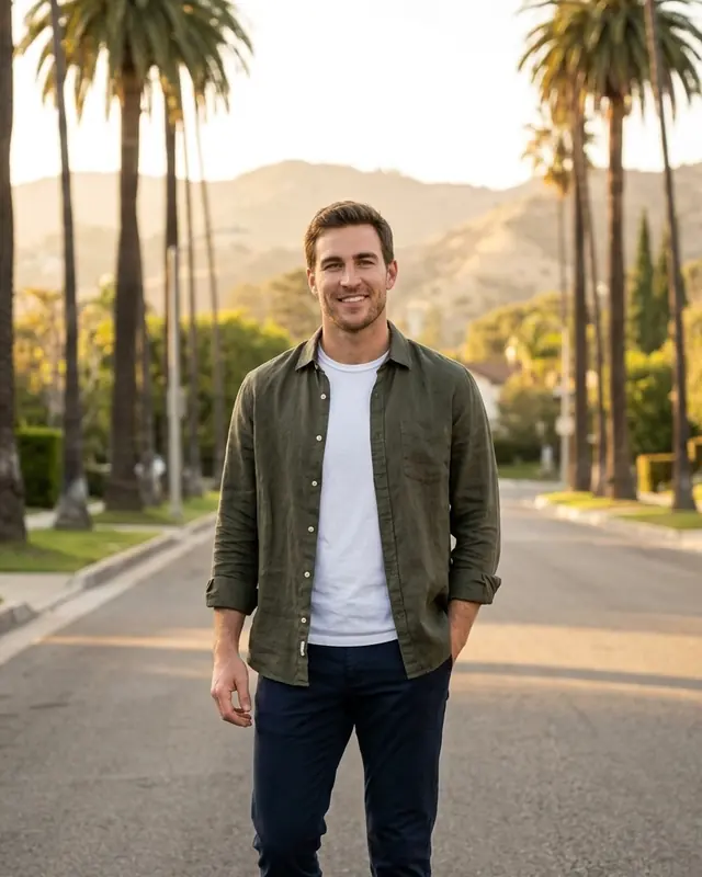The same man on a palm-lined street in Los Angeles at golden hour.