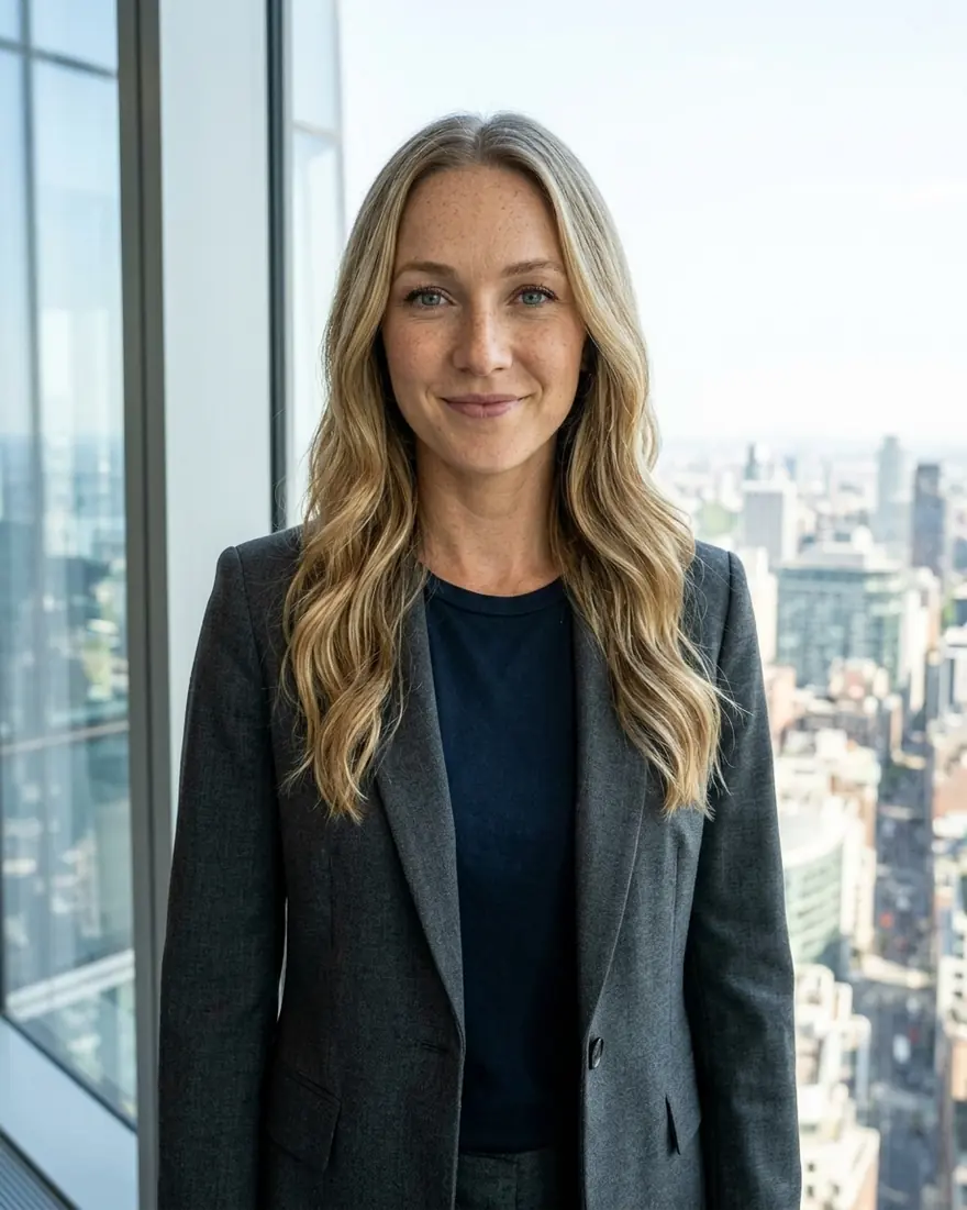 A professional portrait by the window of a high-rise office.