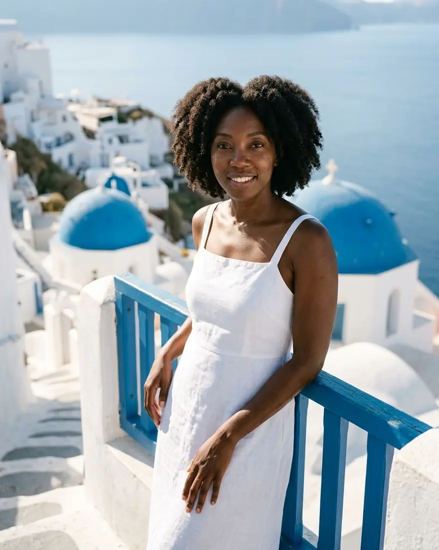 A woman on a whitewashed terrace in Santorini, with blue domes behind her.