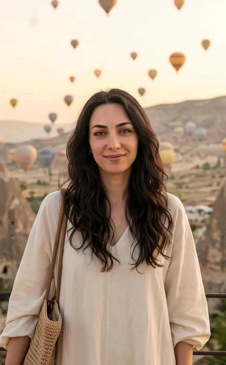 Uzun koyu saçlı bir kadın, gün doğumunda Kapadokya'da balonların önünde. VibeX ile üretilmiş örnek portre.