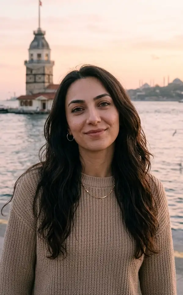 Aynı kadın, gün batımında Kız Kulesi önünde.