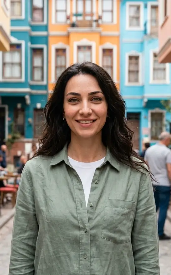 Aynı kadın, gün ışığında Balat'ın renkli evleri arasında.