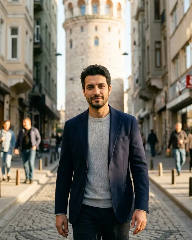 Aynı adam, Galata Kulesi'ne çıkan Arnavut kaldırımlı sokakta.