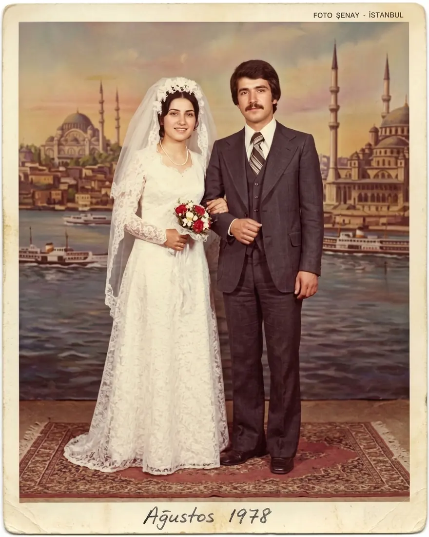 Onarılmış, renkleri geri gelmiş eski bir düğün fotoğrafı.