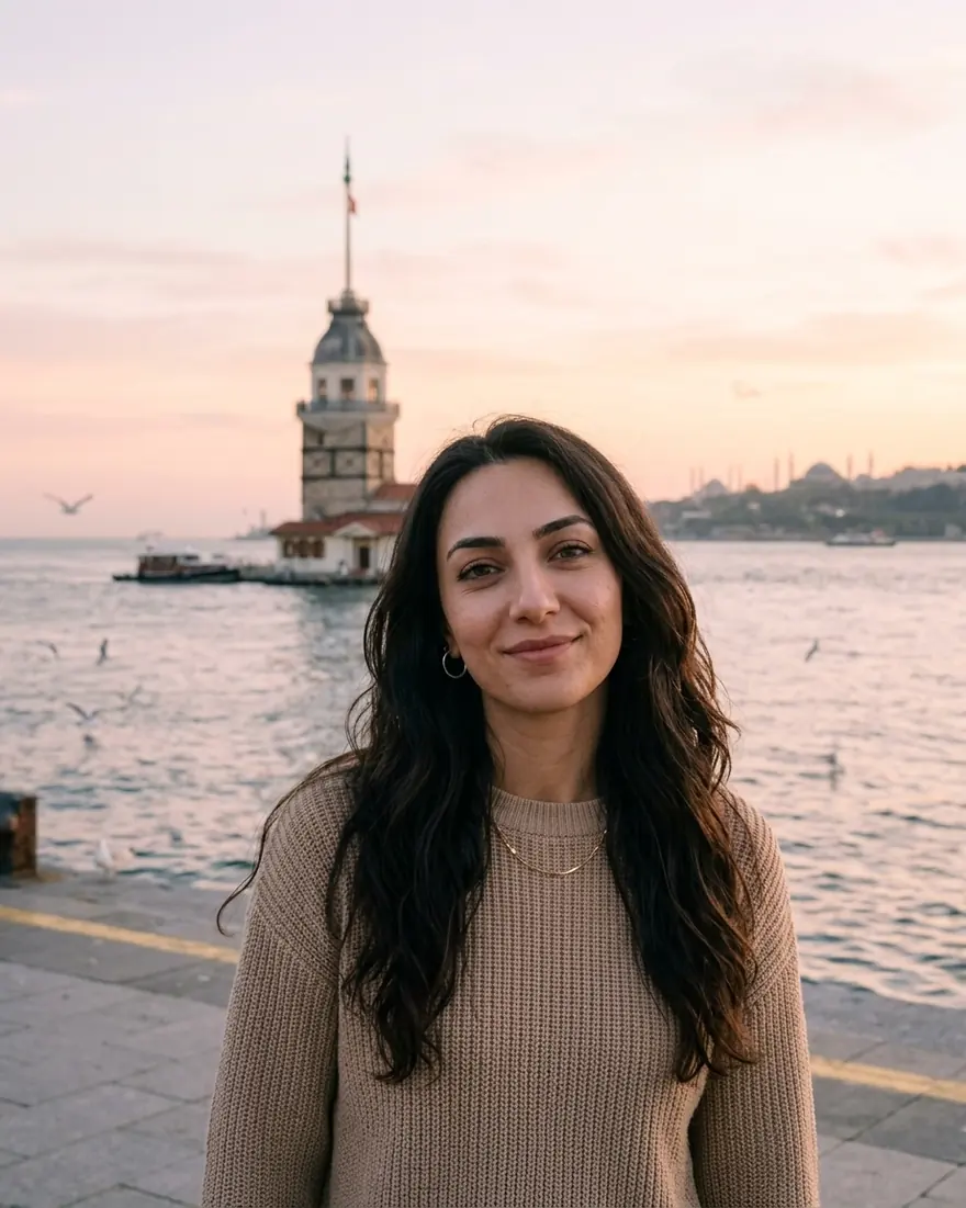 Gün batımında Kız Kulesi önünde bir kadın.