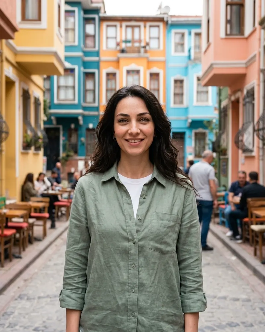 Balat'ın renkli evleri arasında, gün ışığında bir kadın.