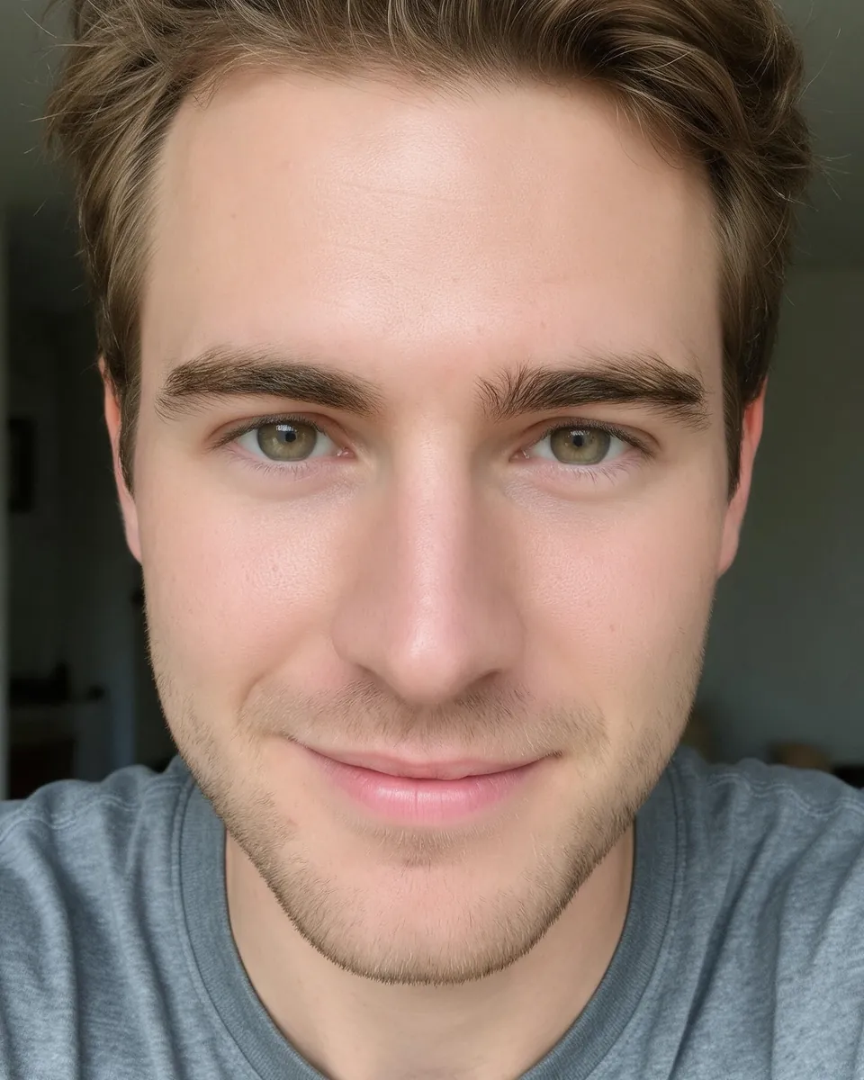 After, Balanced level: the same selfie with the skin and under-eyes retouched; the hair and background are unchanged.