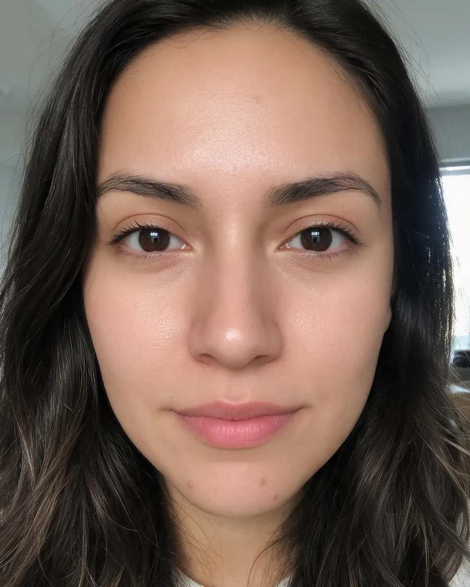 After, Light level: the same selfie with the skin and under-eyes retouched; the hair and background are unchanged.