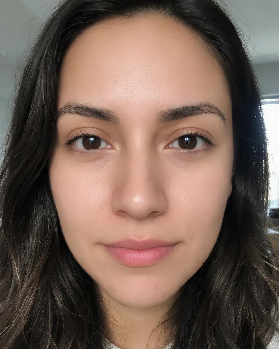 After, Balanced level: the same selfie with the skin and under-eyes retouched; the hair and background are unchanged.