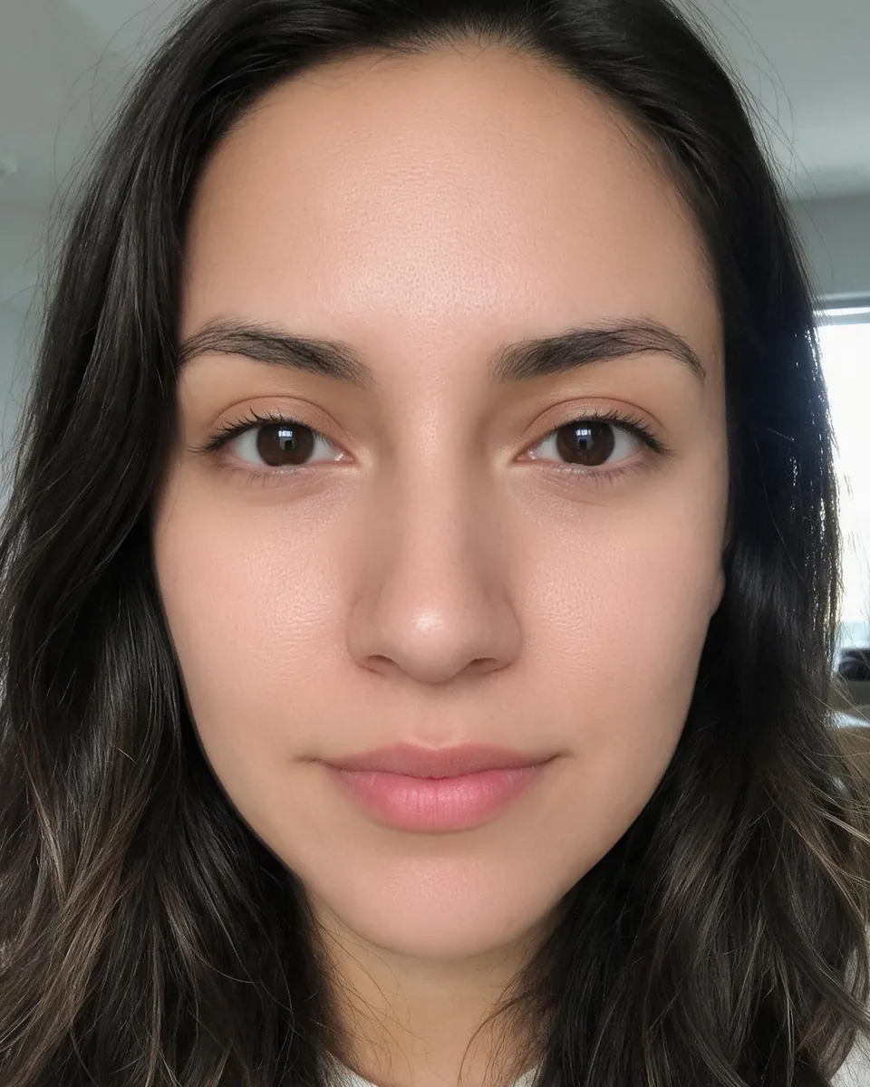 After, Pronounced level: the same selfie with the skin and under-eyes retouched; the hair and background are unchanged.